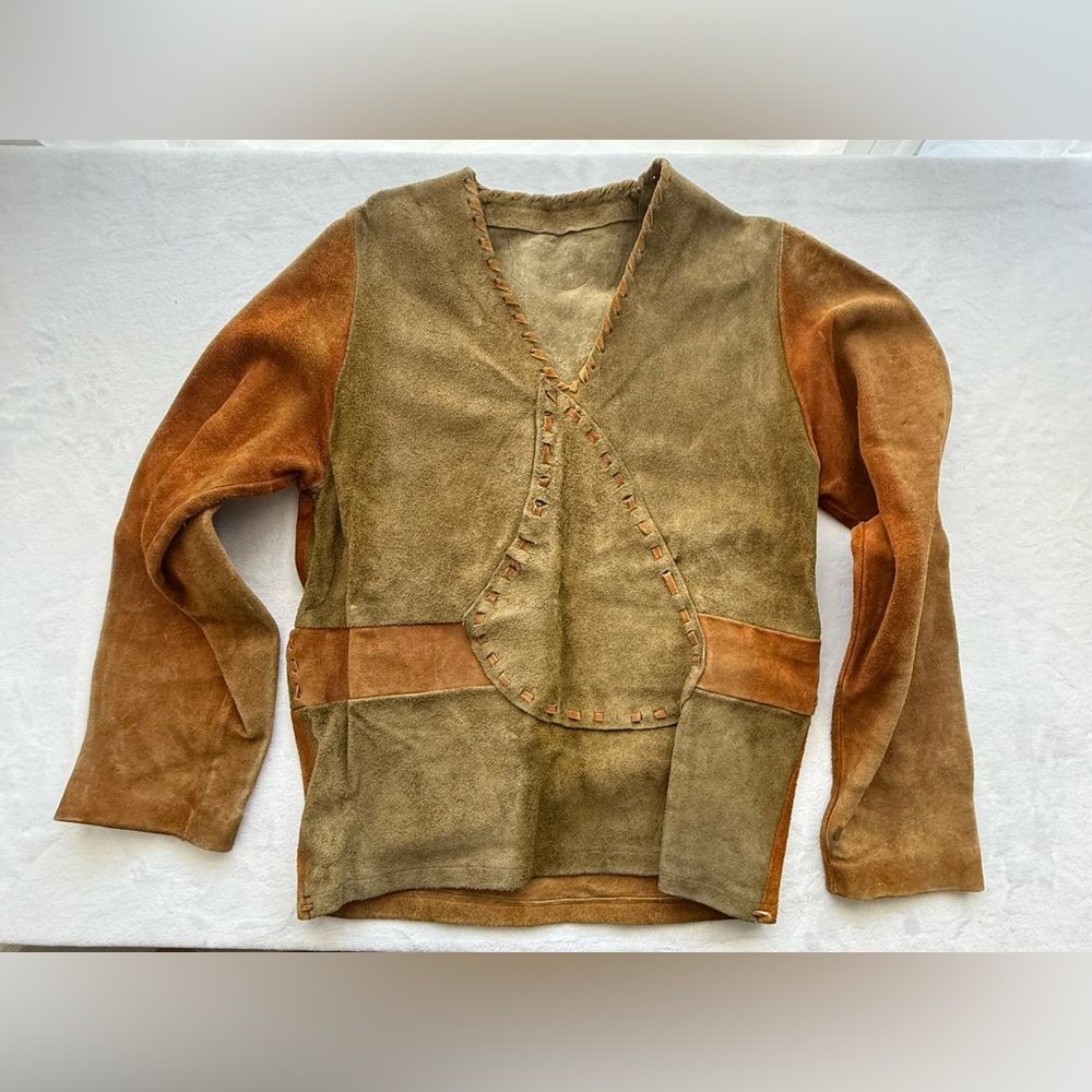 Vintage 70s Suede Leather Patchwork Pullover Shir… - image 1